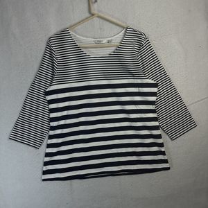 Liz Claiborne Women Large White Blue Striped Long Sleeve Scoop Neck 100% Cotton